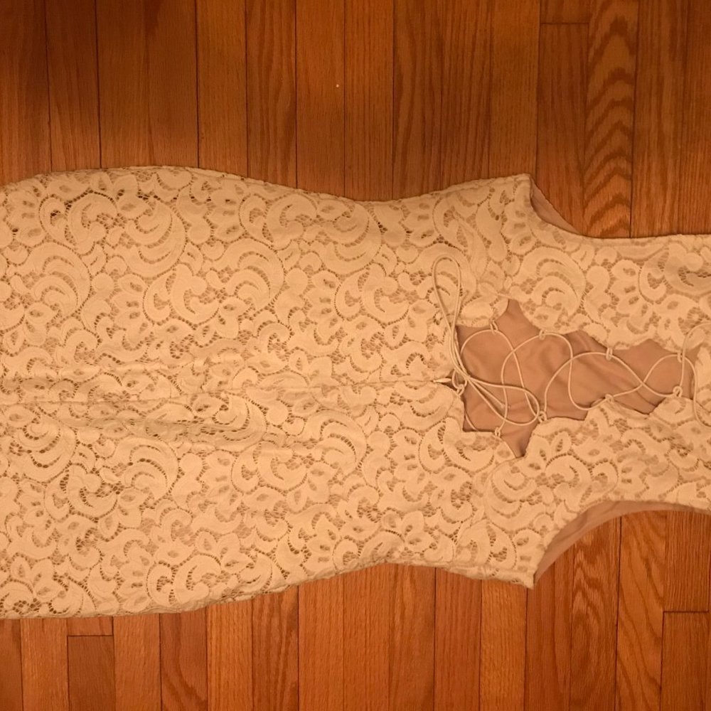 white lace dress, tan lining
